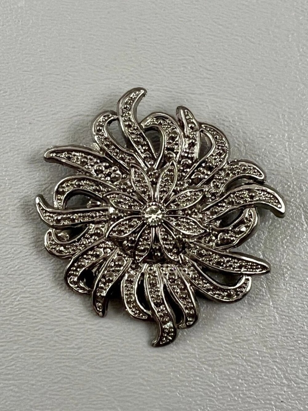 Vintage Silver Tone Floral 2" Brooch Rhinestones Flower Burst Pin Statement Jewe